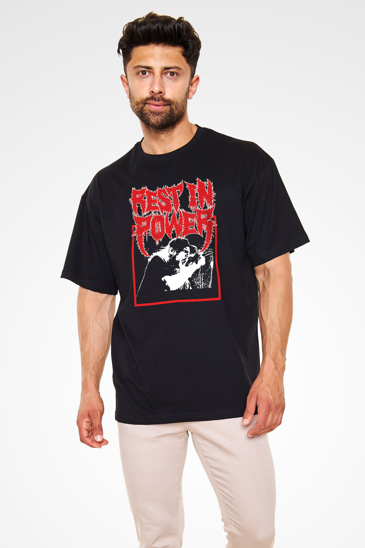 Power Trip Baskılı Unisex Siyah Oversize Tişört - Tshirt