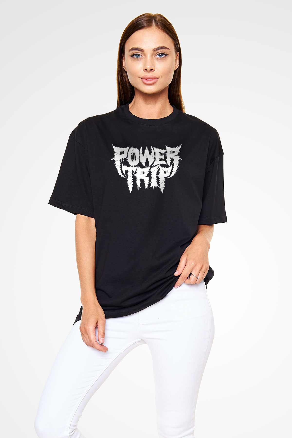 Power Trip Baskılı Unisex Siyah Oversize Tişört - Tshirt