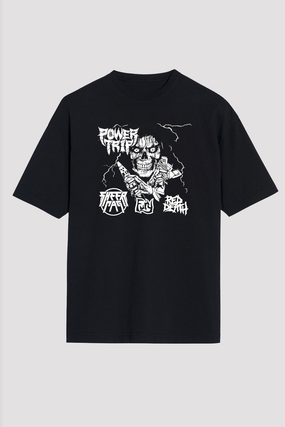 Power Trip Baskılı Unisex Siyah Oversize Tişört - Tshirt