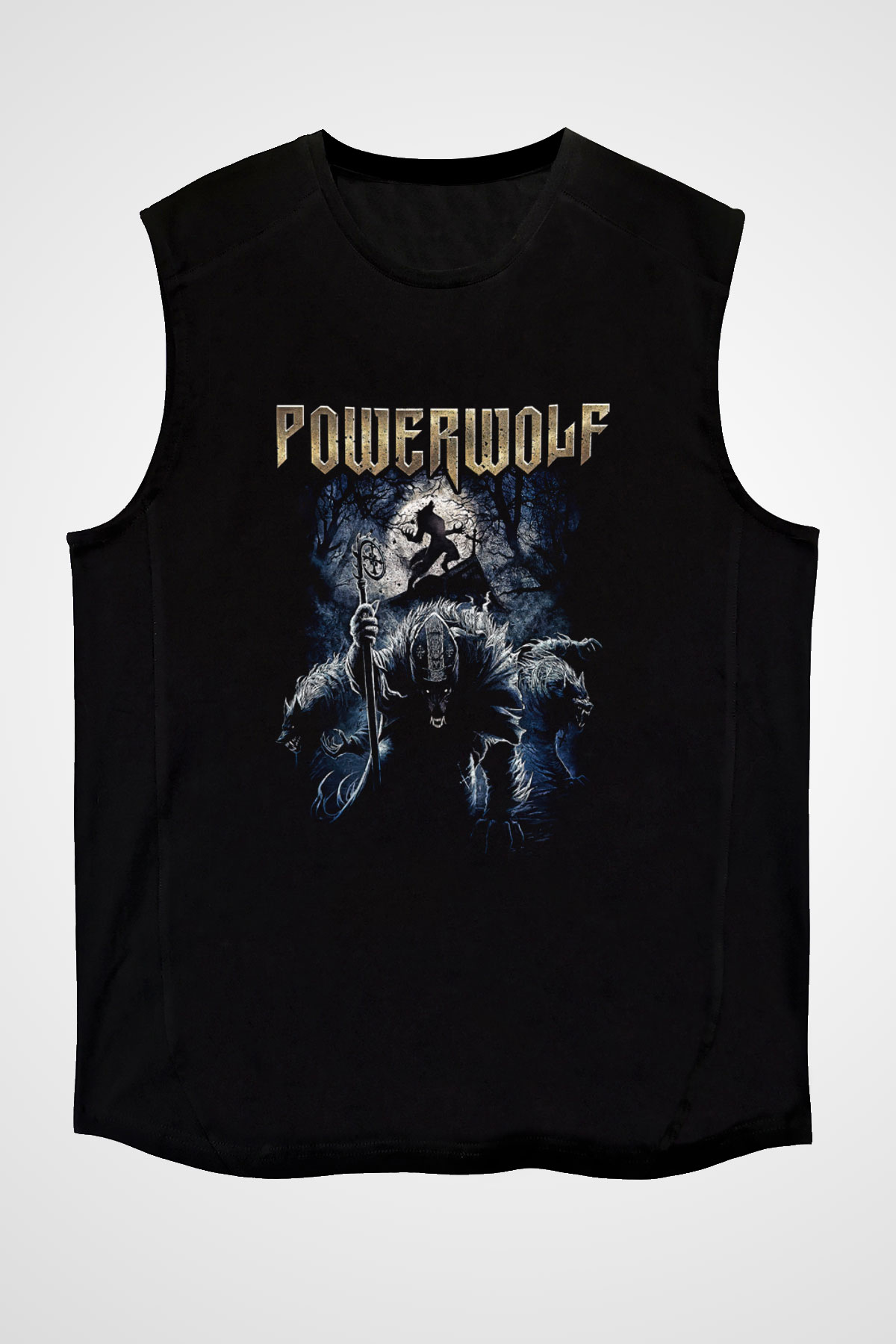 Powerwolf Baskılı Unisex Siyah Kolsuz Tişört - Tshirt