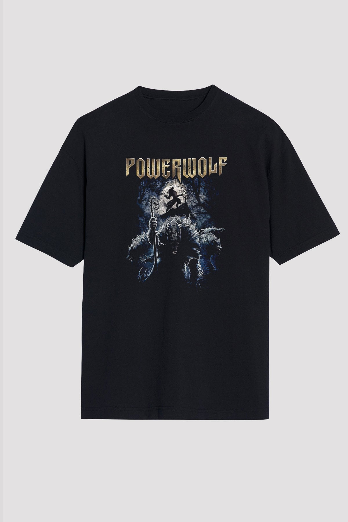 Powerwolf Baskılı Unisex Siyah Oversize Tişört - Tshirt