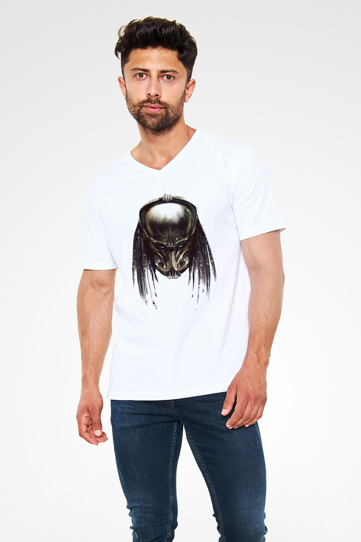 Predator Beyaz Unisex V Yaka Tişört T-Shirt