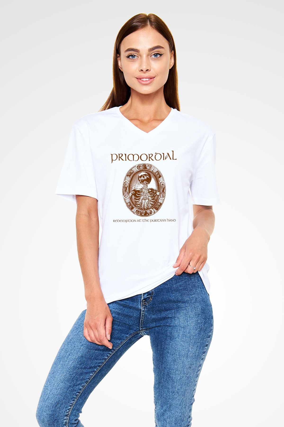 Primordial Beyaz Unisex V Yaka Tişört T-Shirt