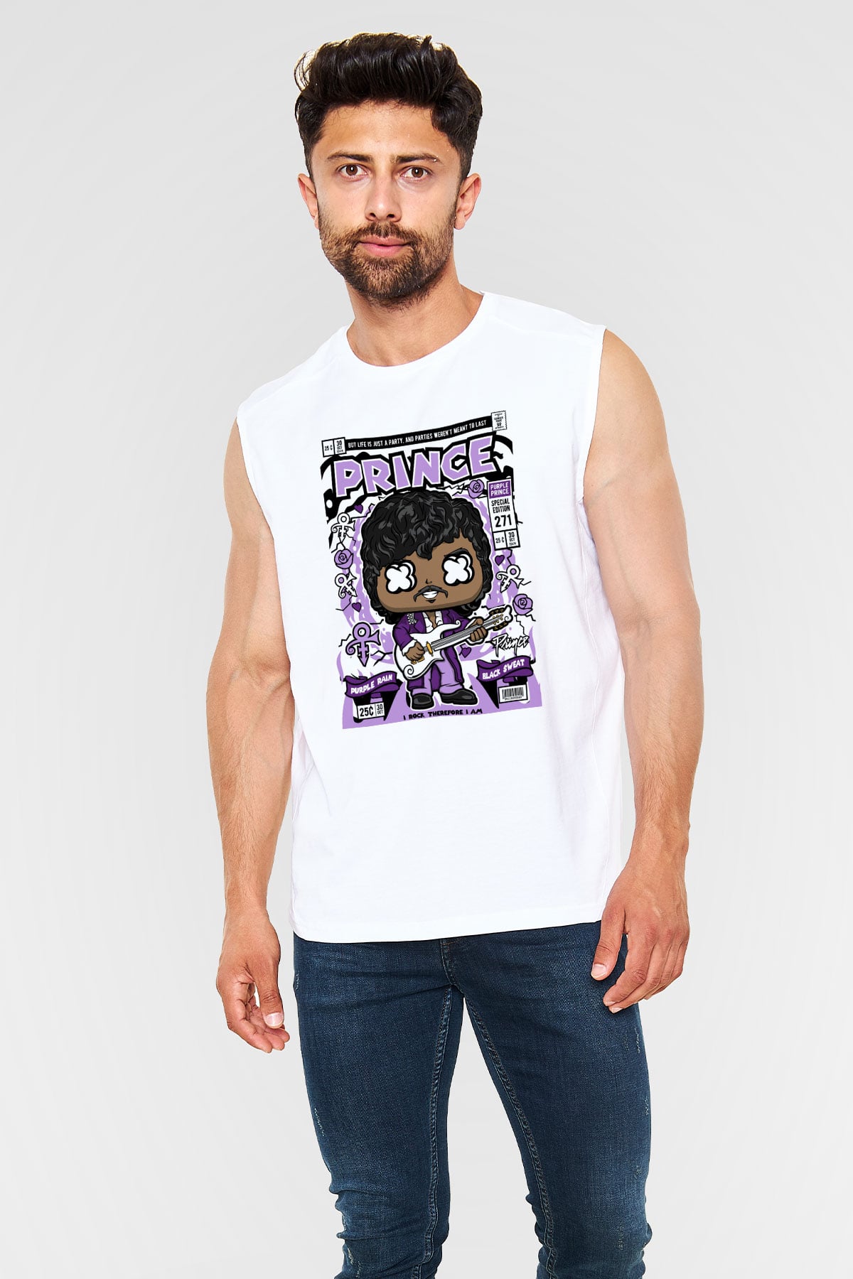 Prince Baskılı Unisex Beyaz Kolsuz Tişört
