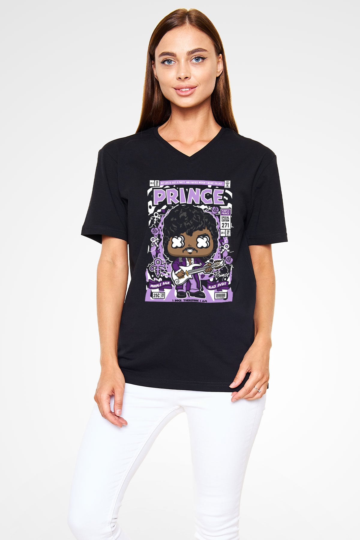 Prince Baskılı Unisex Siyah V Yaka Tişört