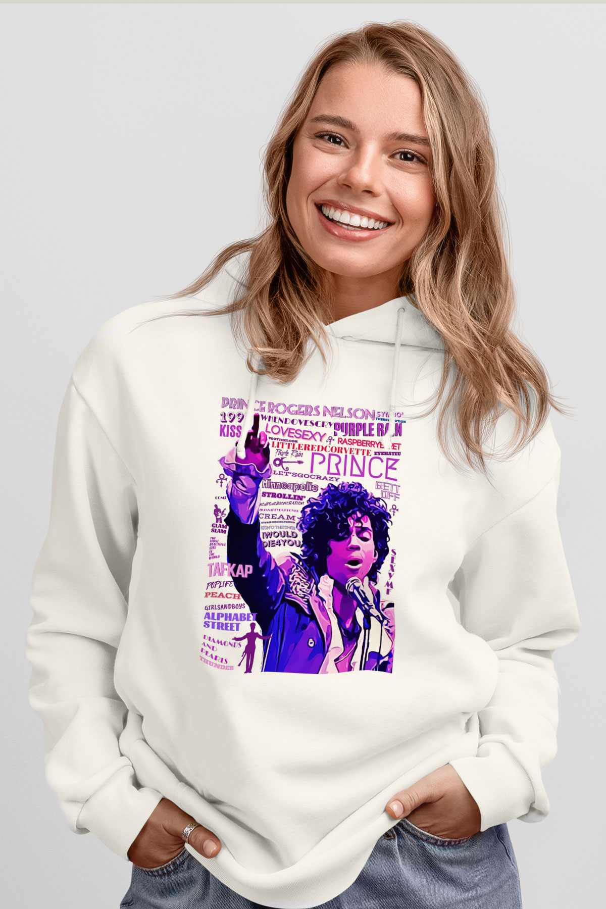 Prince Beyaz Unisex Kapüşonlu Sweatshirt