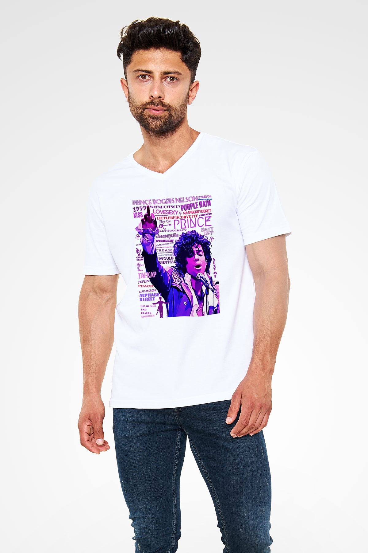 Prince Beyaz Unisex V Yaka Tişört