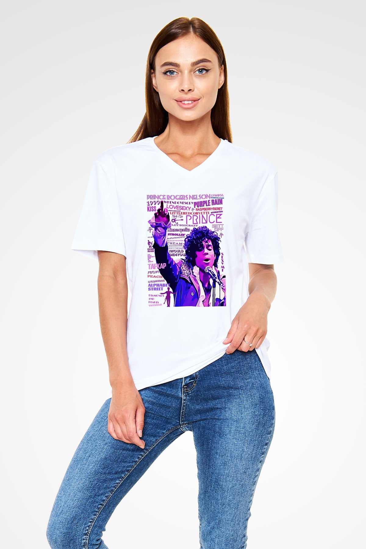 Prince Beyaz Unisex V Yaka Tişört