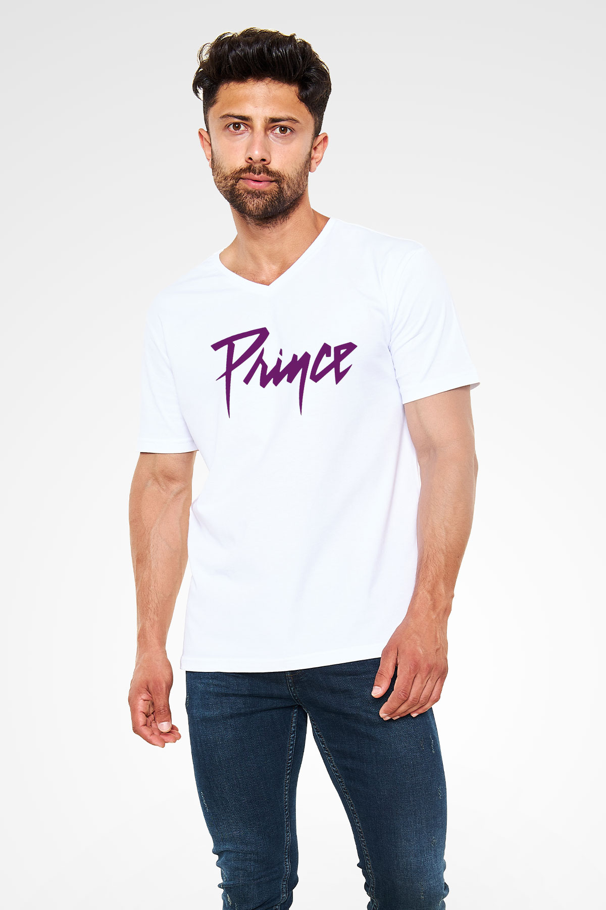 Prince Beyaz Unisex V Yaka Tişört T-Shirt