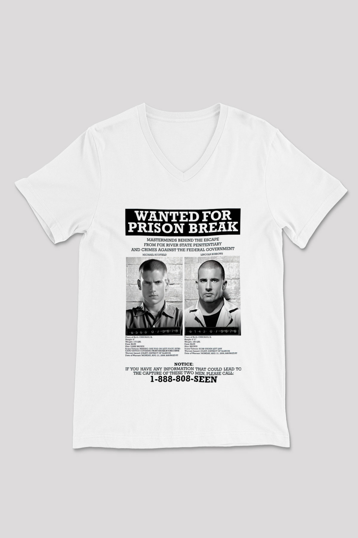 Prison Break Beyaz Unisex V Yaka Tişört T-Shirt