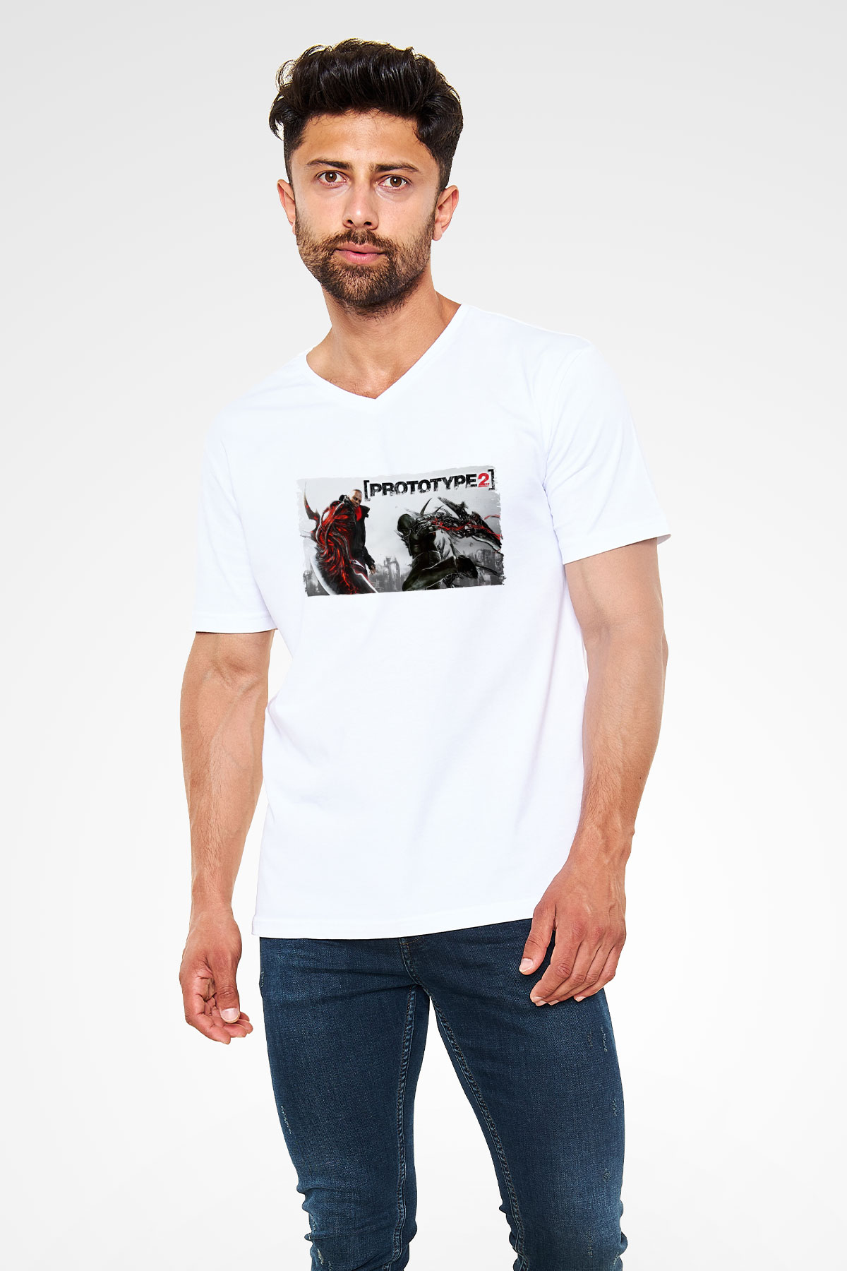 Prototype Beyaz Unisex V Yaka Tişört