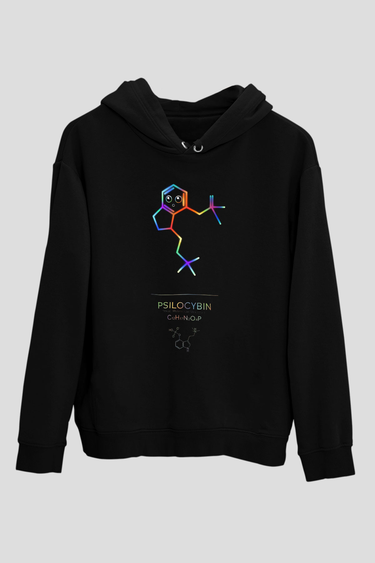Psilosibin Baskılı Unisex Siyah Kapüşonlu Sweatshirt