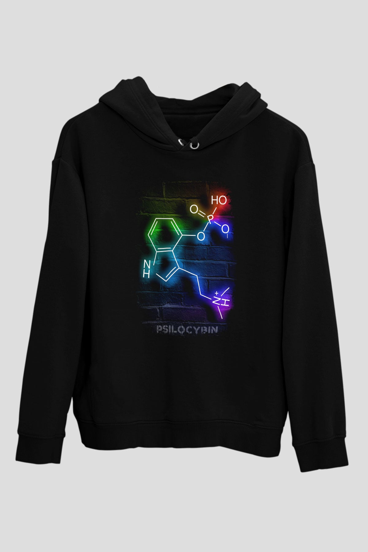 Psilosibin Molekülü Baskılı Unisex Siyah Kapüşonlu Sweatshirt