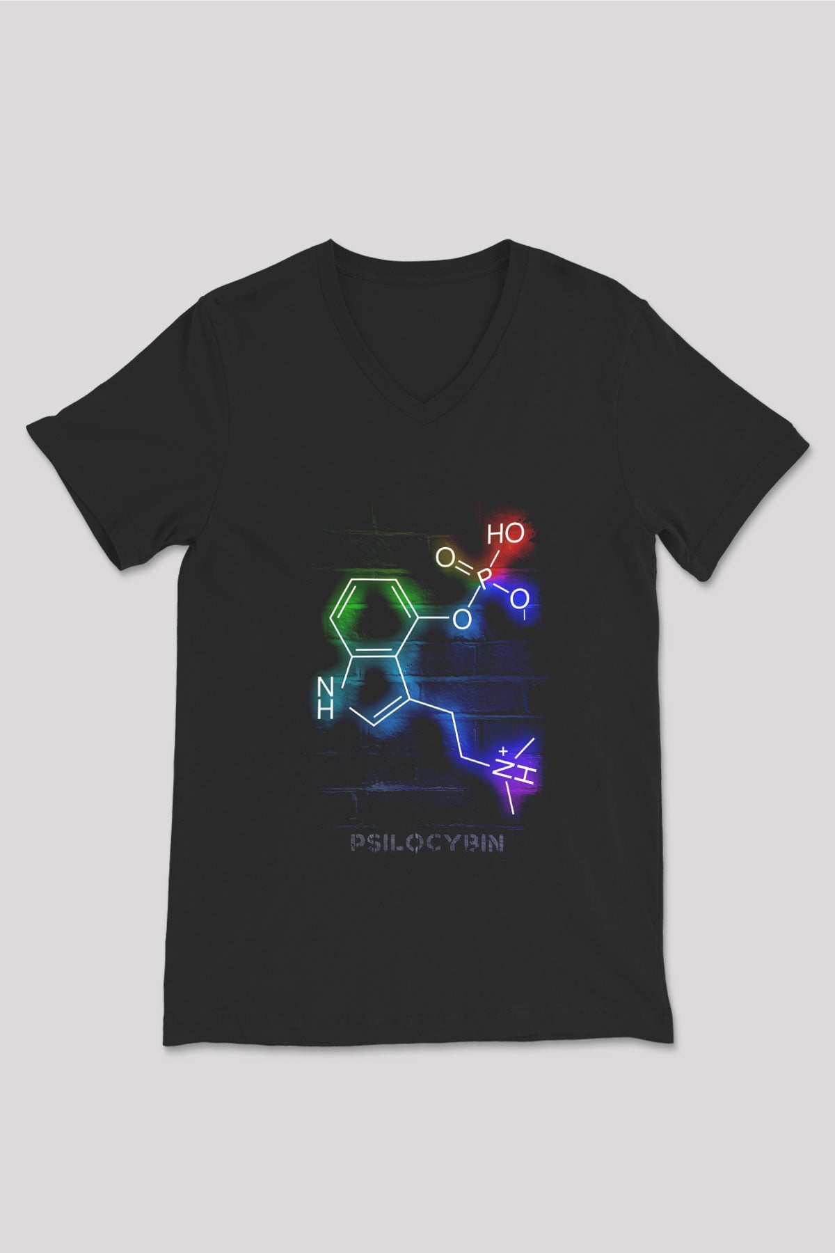Psilosibin Molekülü Baskılı Unisex V Yaka Siyah Tİşört - Tshirt