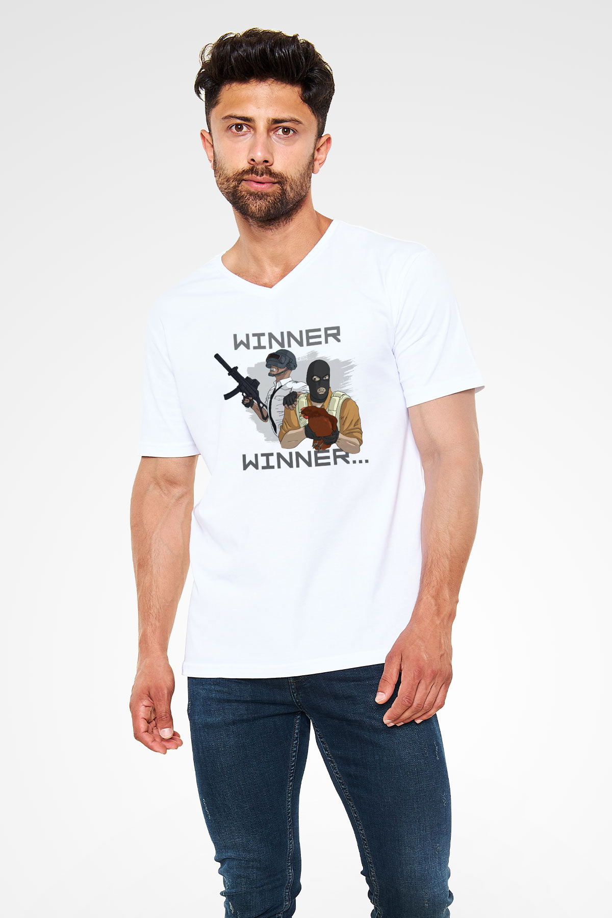 PUBG Beyaz Unisex V Yaka Tişört T-Shirt