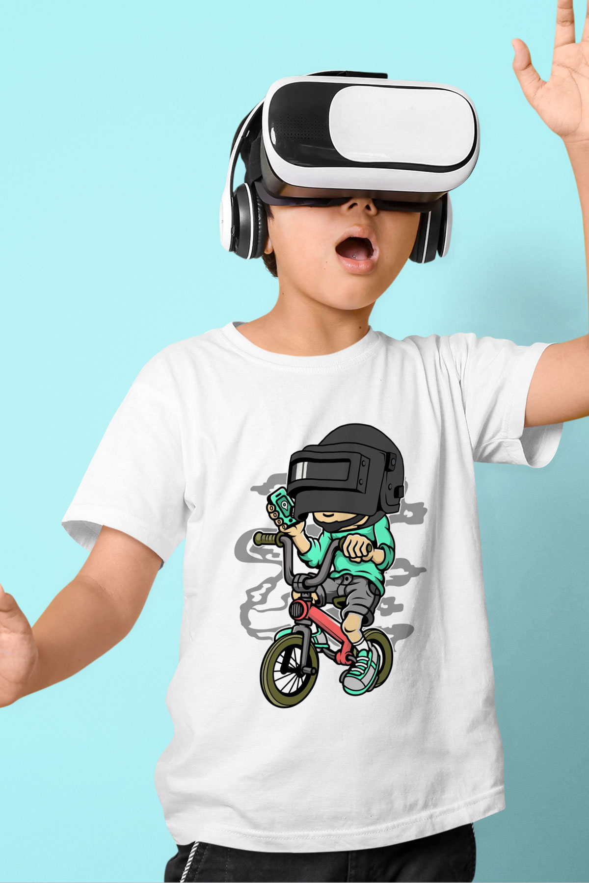 PUBG Biker Baskılı Unisex Beyaz Çocuk Tişört