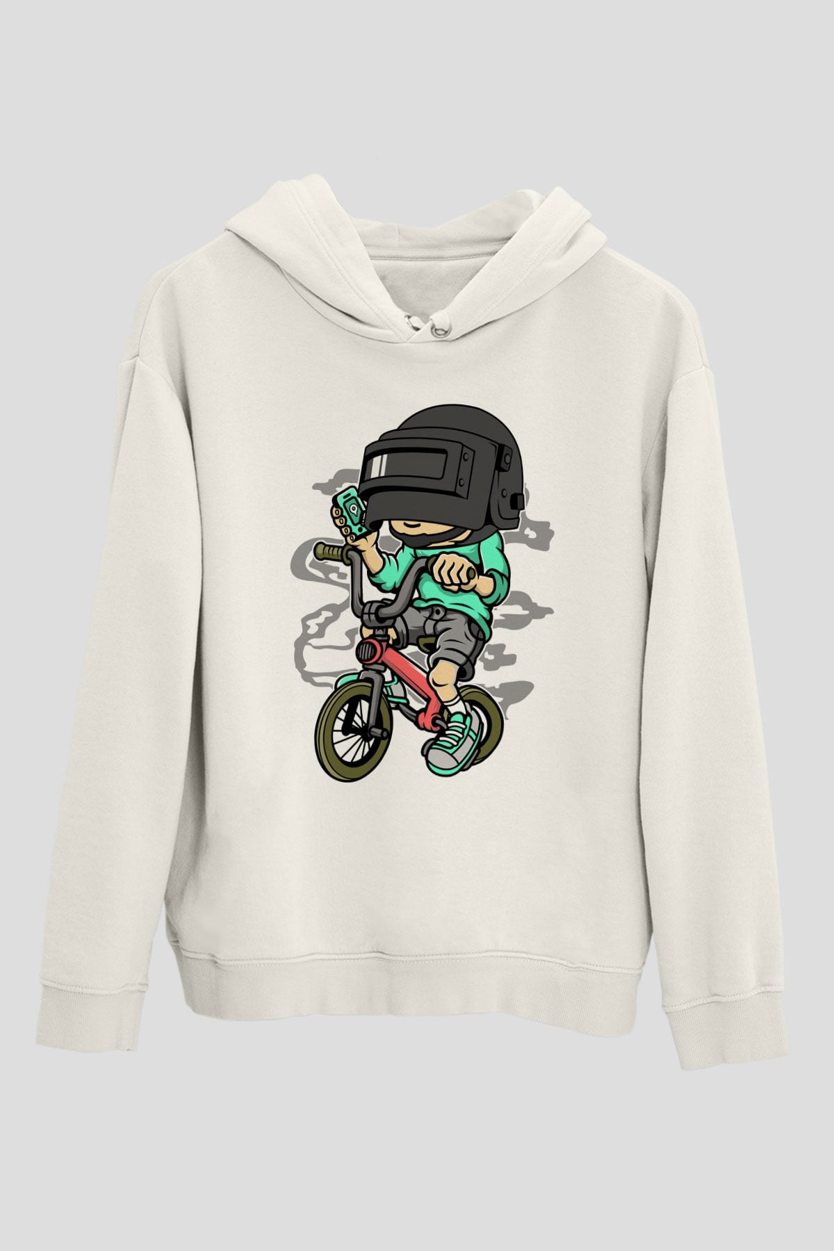 PUBG Biker Baskılı Unisex Beyaz Hoodie