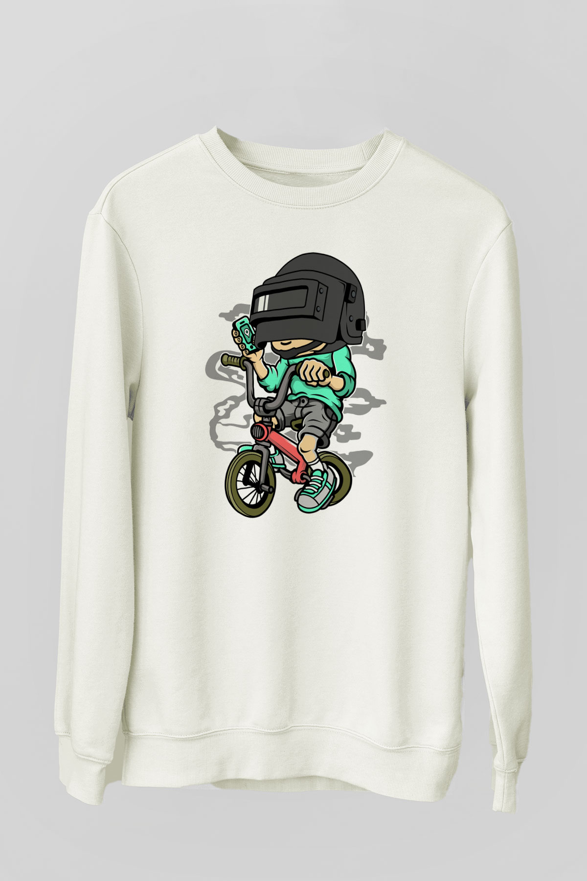 PUBG Biker Baskılı Unisex Beyaz Sweatshirt