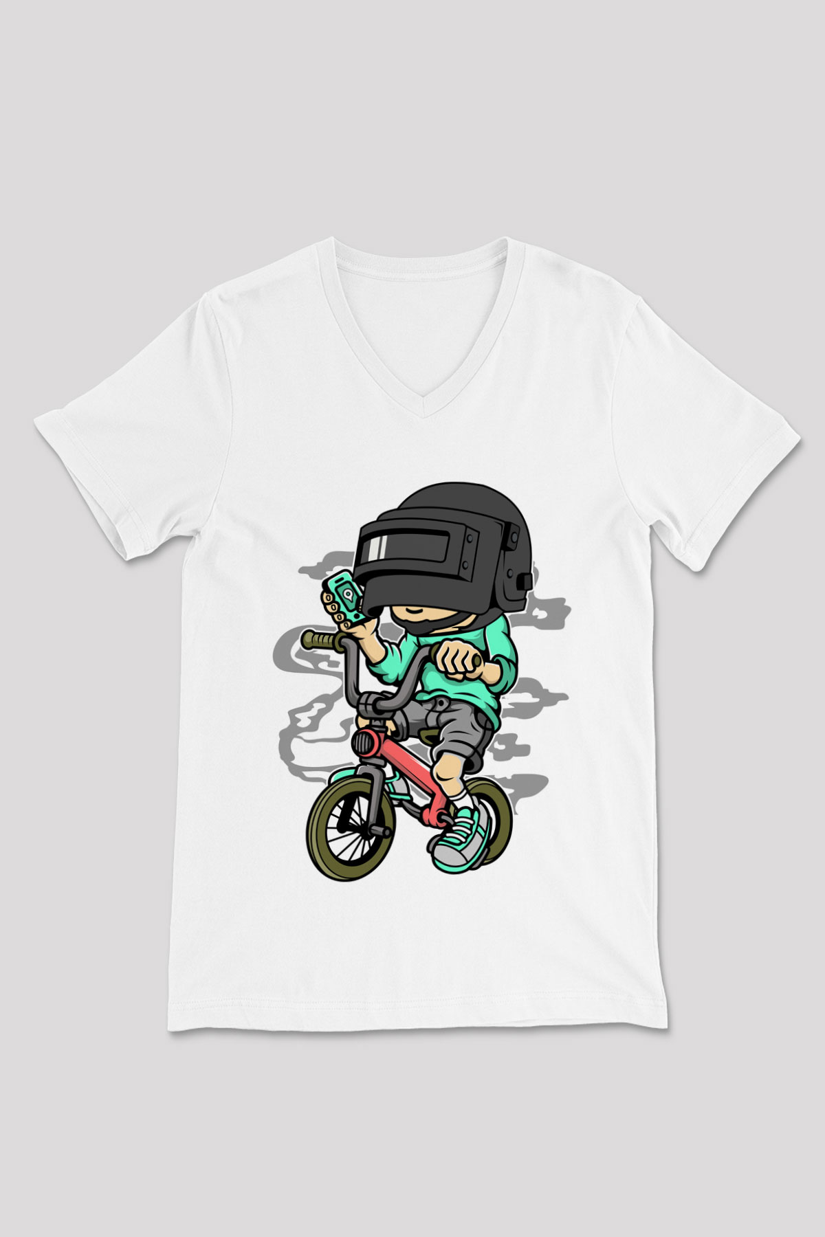 PUB-G Biker Baskılı Unisex Beyaz V Yaka Tişört