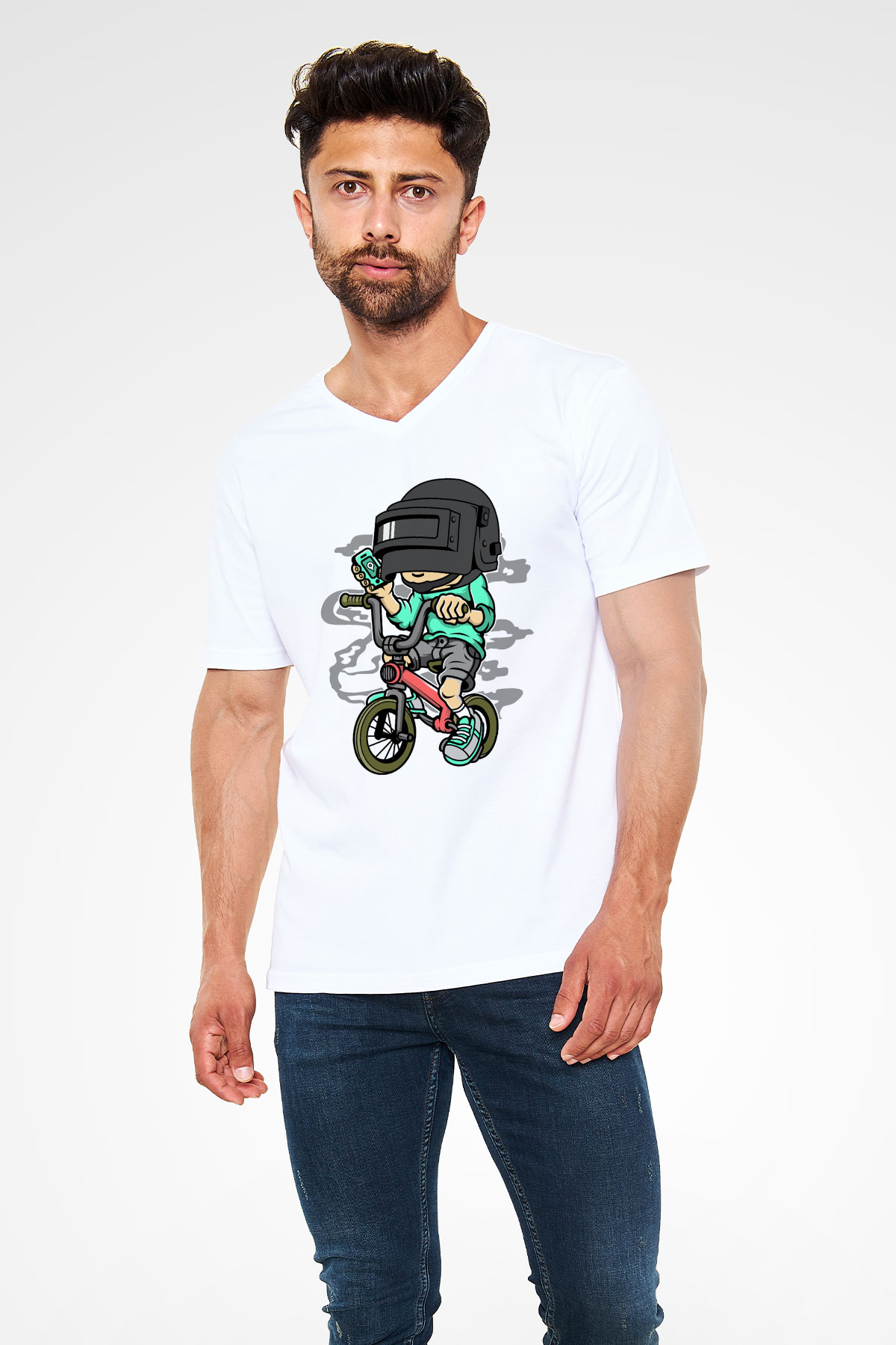 PUB-G Biker Baskılı Unisex Beyaz V Yaka Tişört
