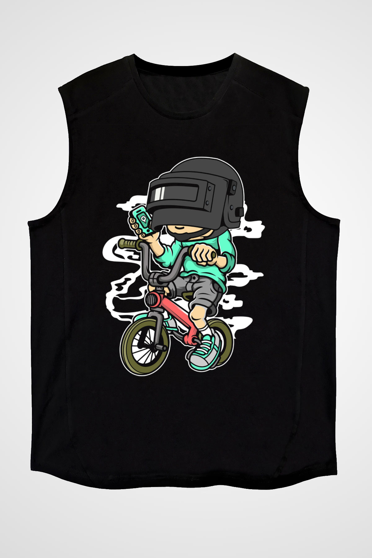 PUBG Biker Baskılı Unisex Siyah Kolsuz Tişört