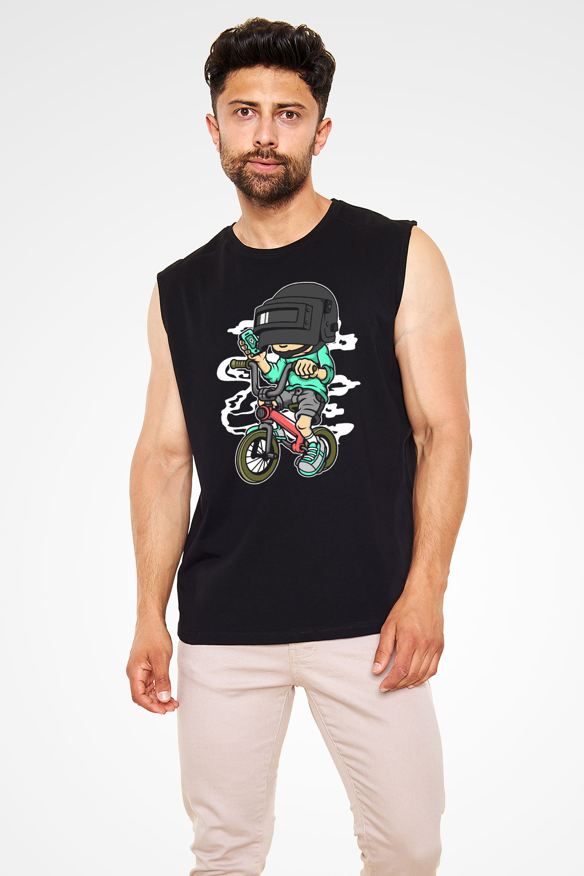 PUBG Biker Baskılı Unisex Siyah Kolsuz Tişört