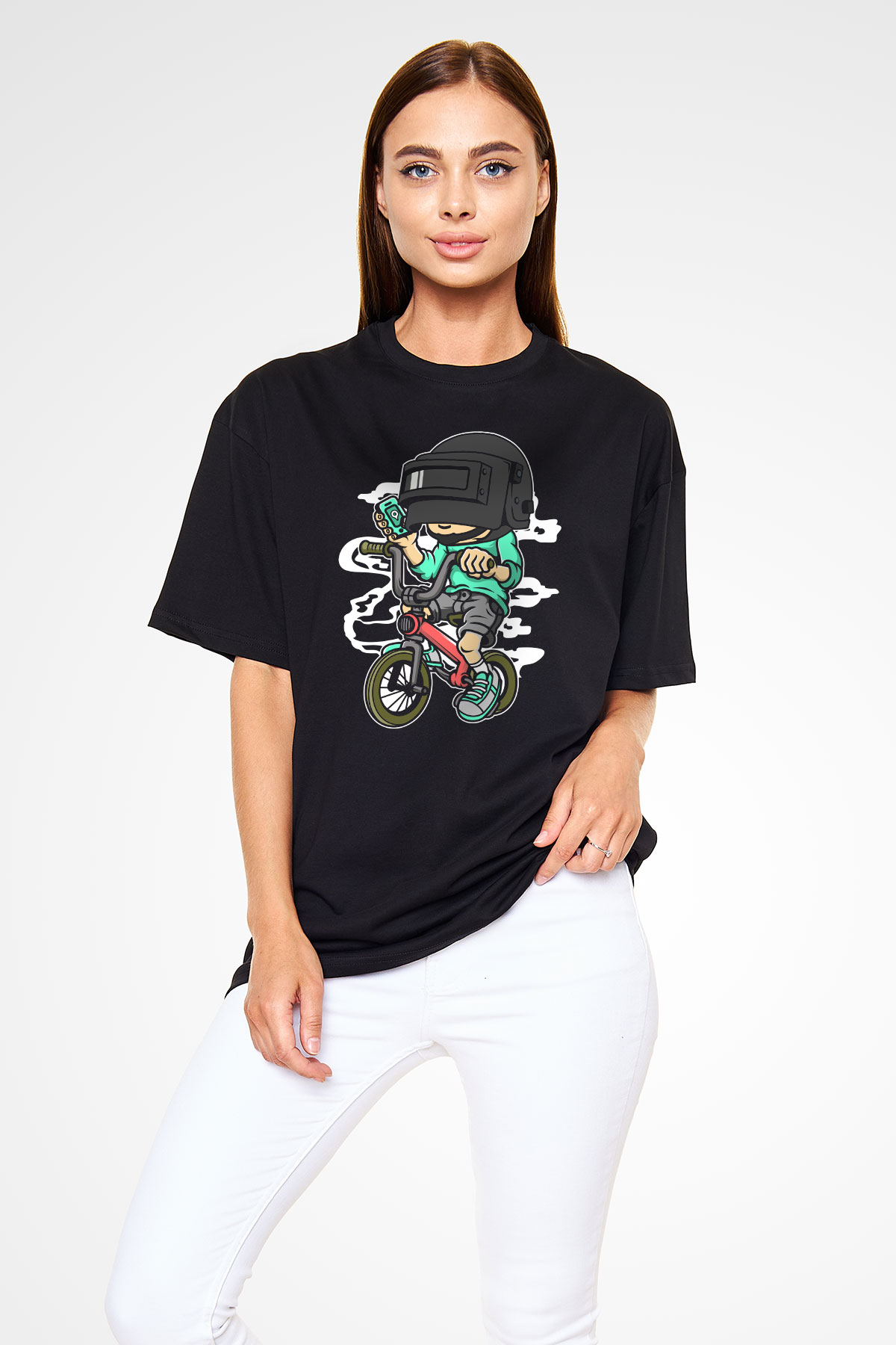 PUB-G Biker Baskılı Unisex Siyah Oversize Tişört
