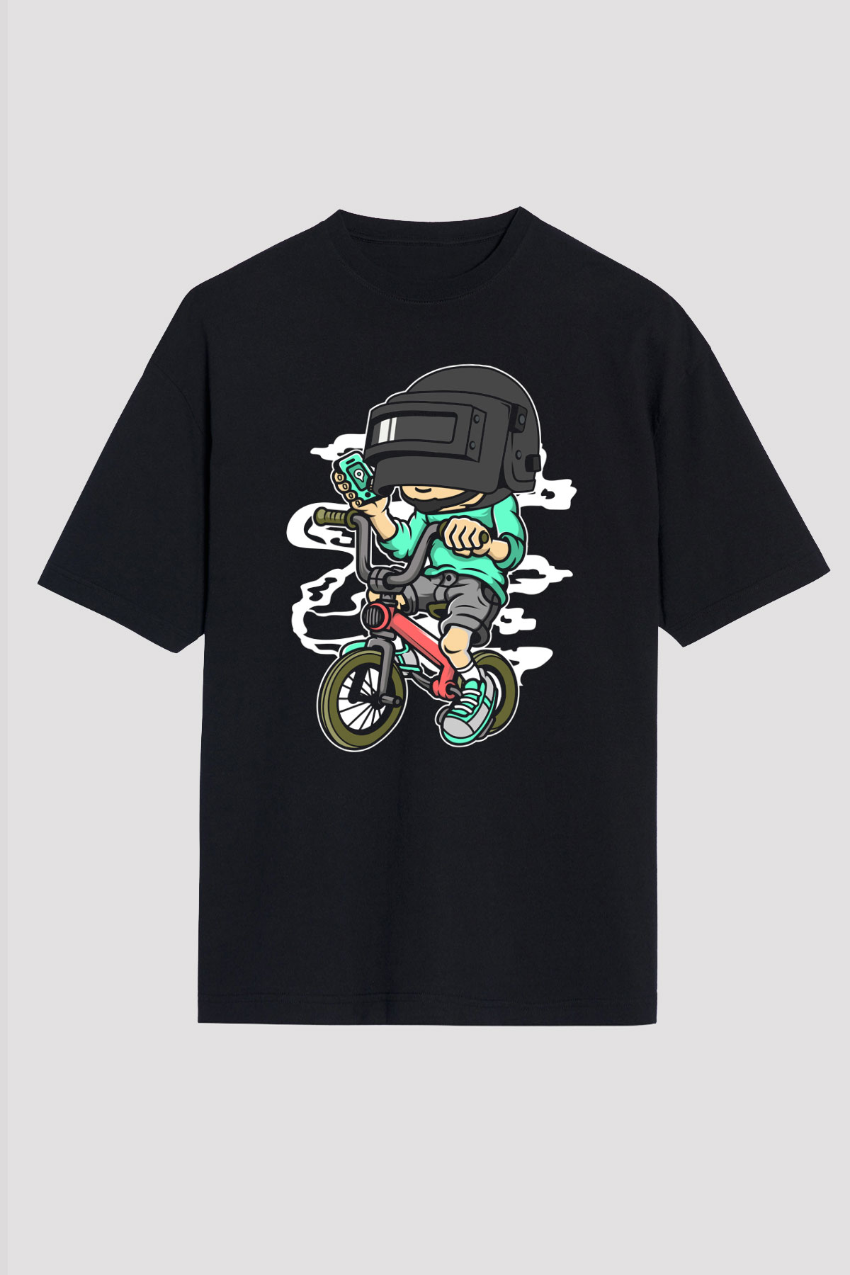 PUB-G Biker Baskılı Unisex Siyah Oversize Tişört