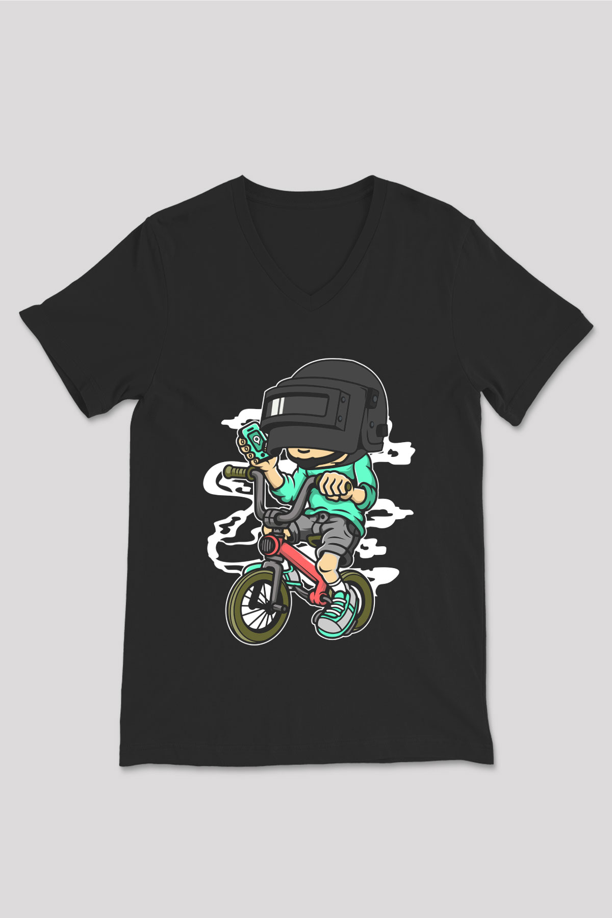 PUB-G Biker Baskılı Unisex Siyah V Yaka Tişört