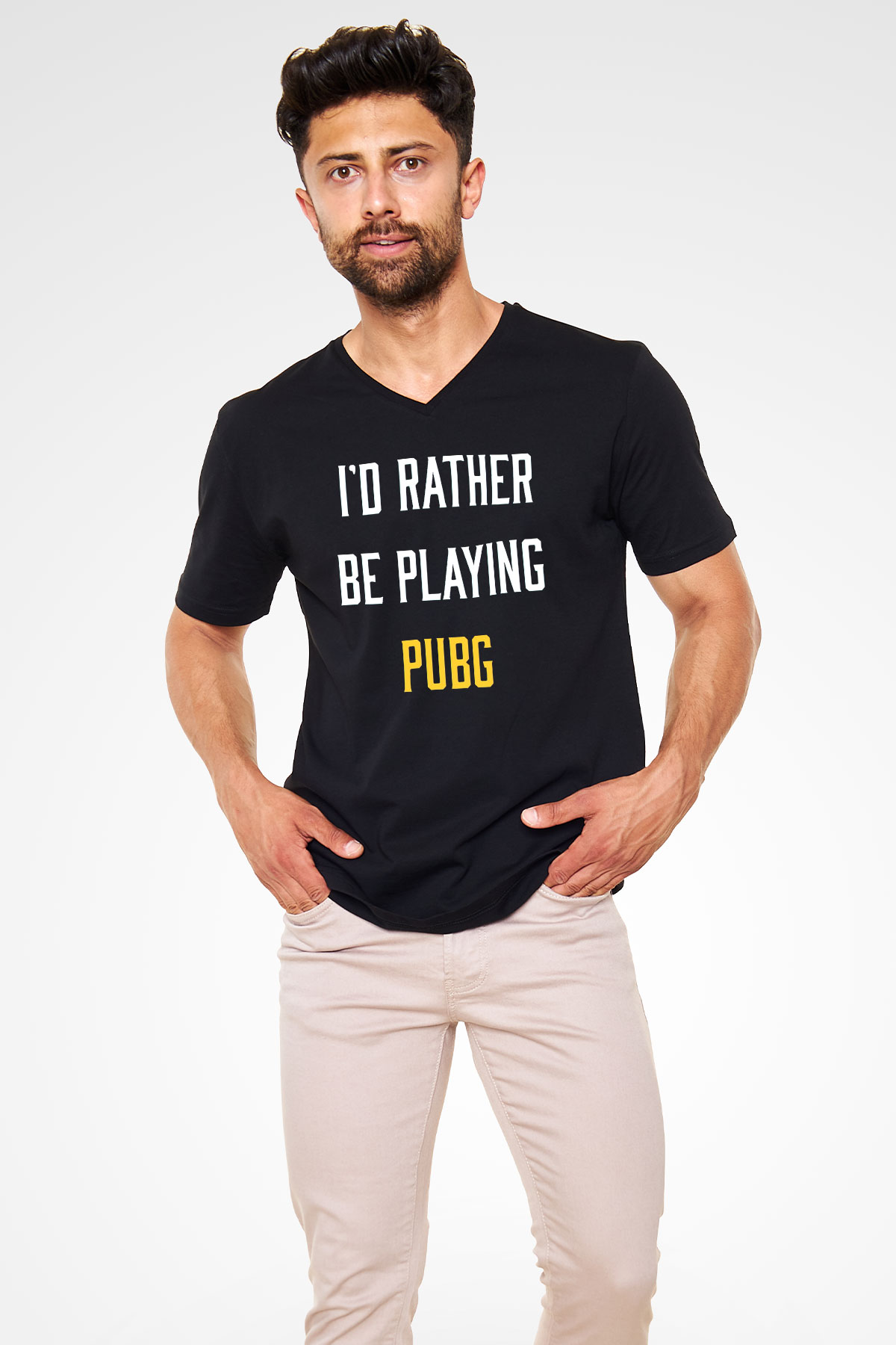 PUBG Siyah Unisex V Yaka Tişört T-Shirt