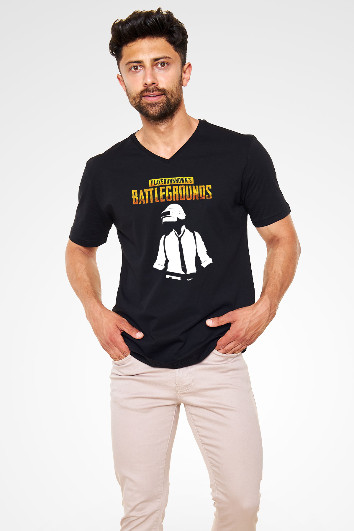 PUBG Siyah Unisex V Yaka Tişört T-Shirt