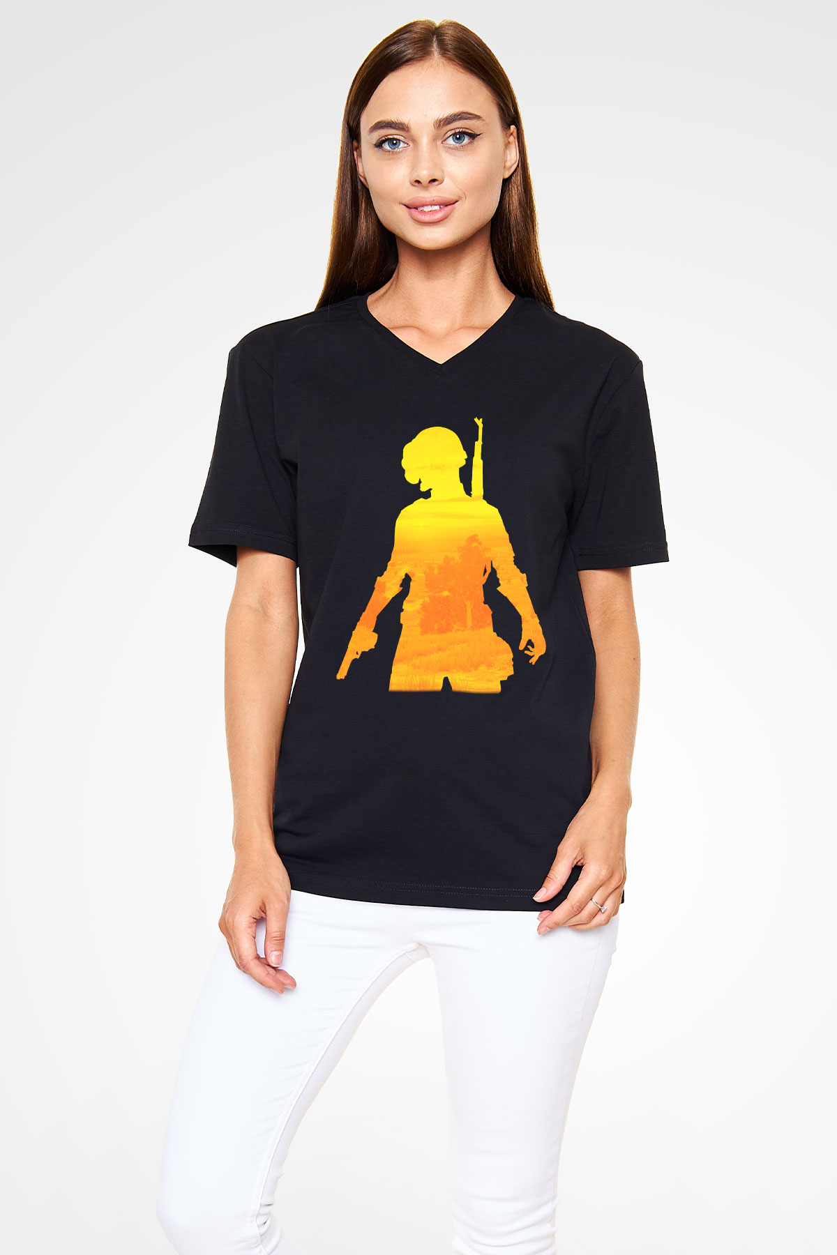 PUBG Siyah Unisex V Yaka Tişört T-Shirt
