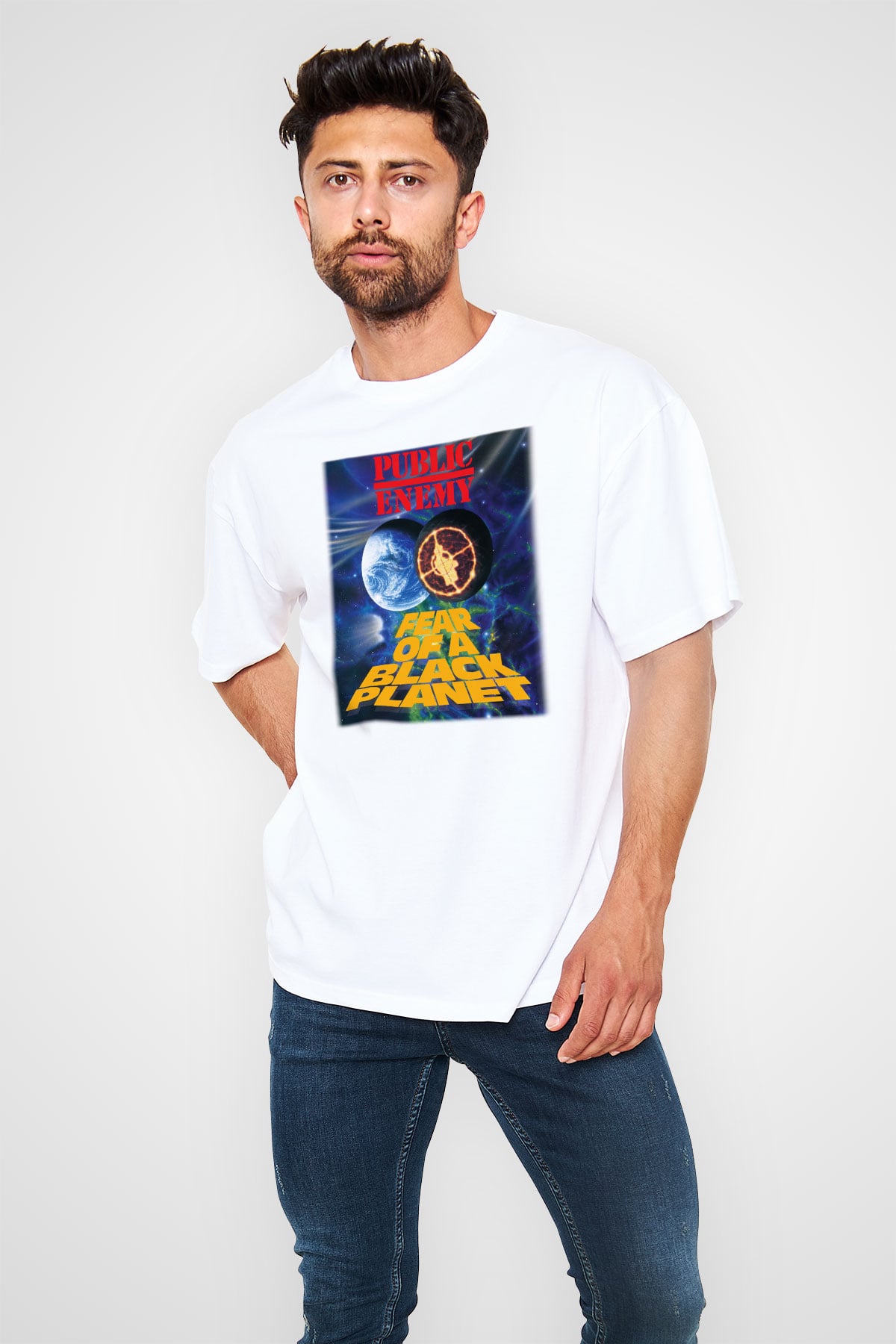 Public Enemy Beyaz Unisex Oversize Tişört T-Shirt
