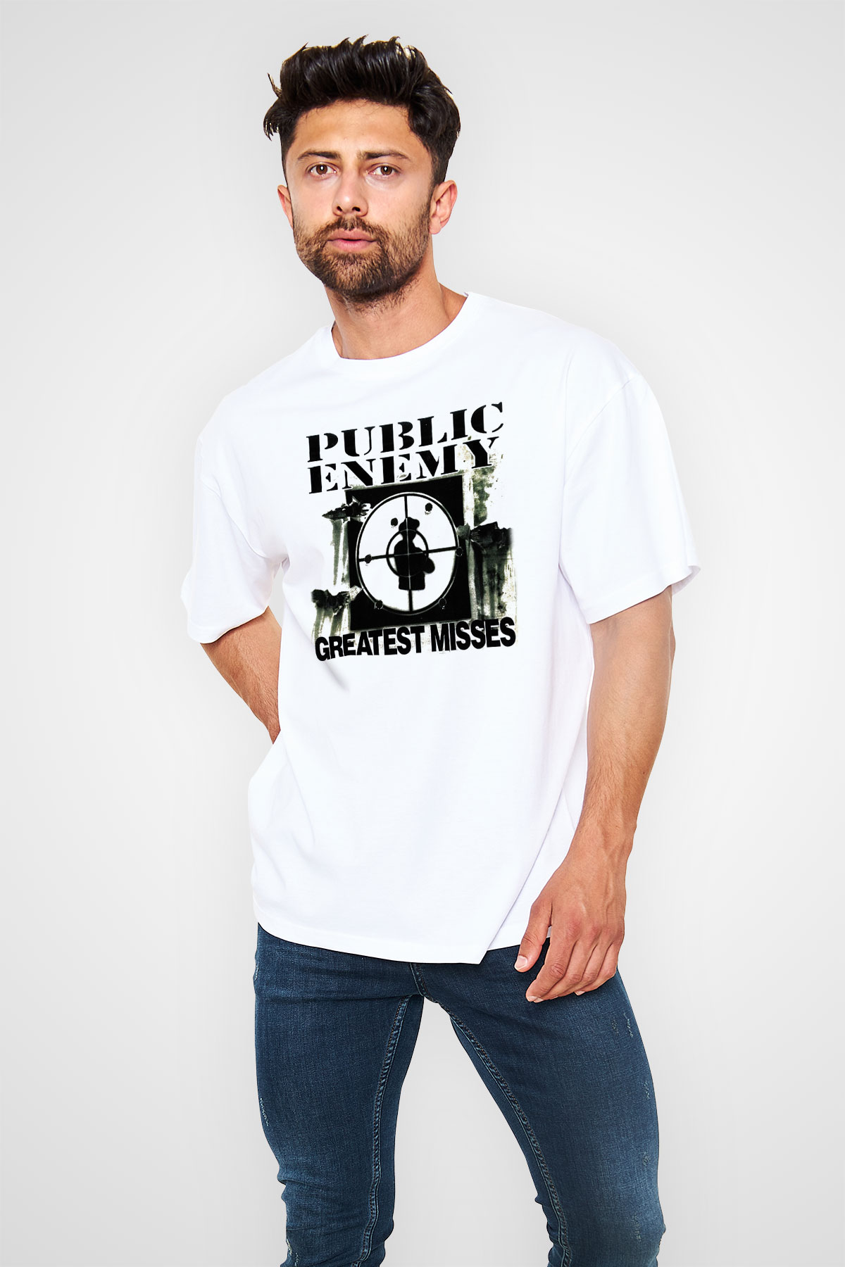 Public Enemy Beyaz Unisex Oversize Tişört T-Shirt