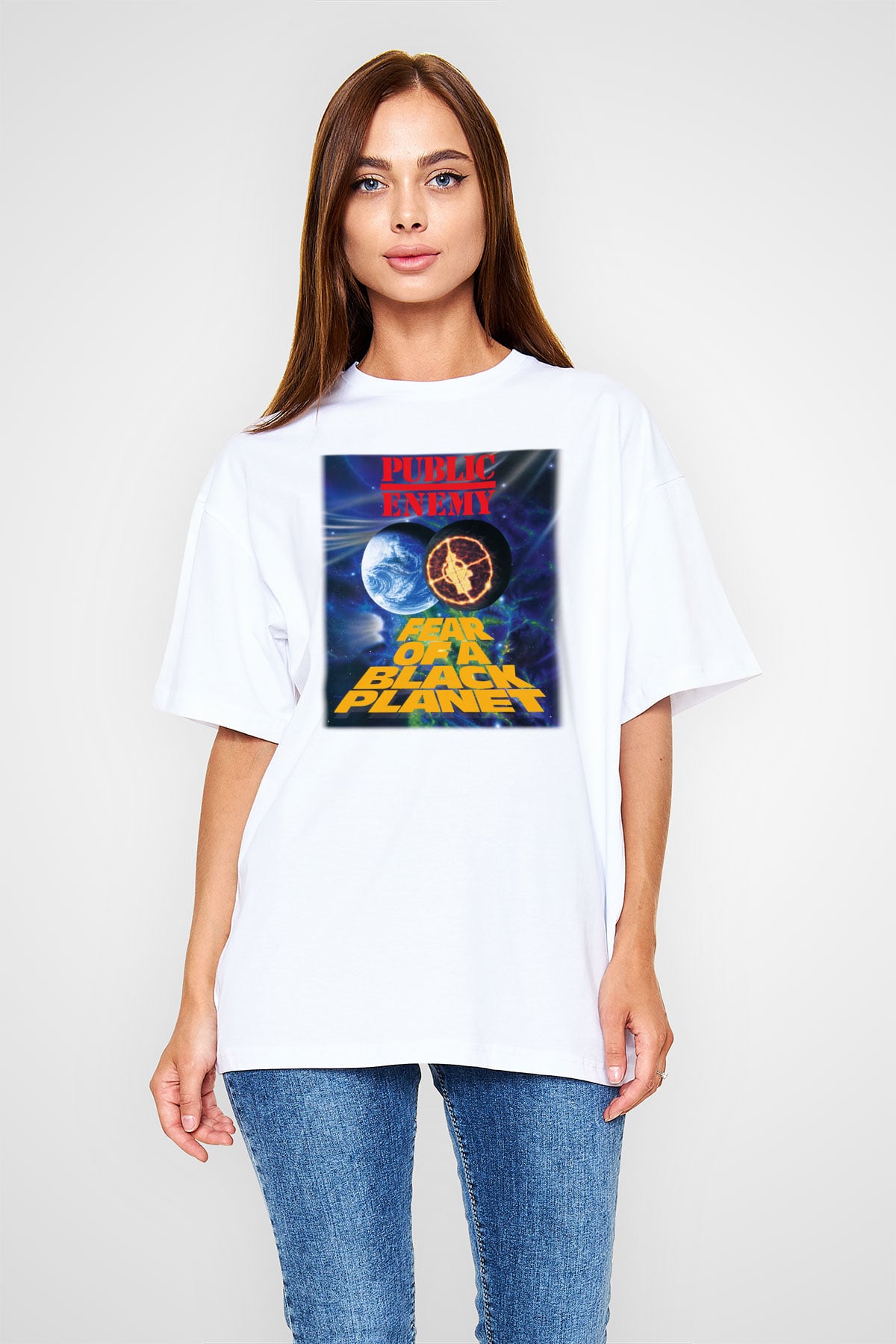 Public Enemy Beyaz Unisex Oversize Tişört T-Shirt
