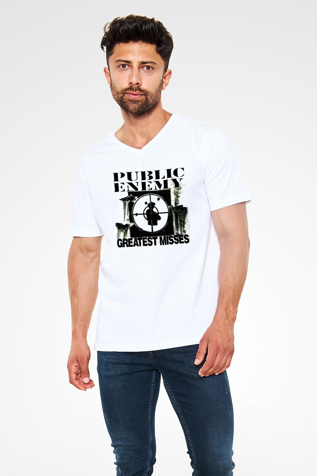 Public Enemy Beyaz Unisex V Yaka Tişört T-Shirt