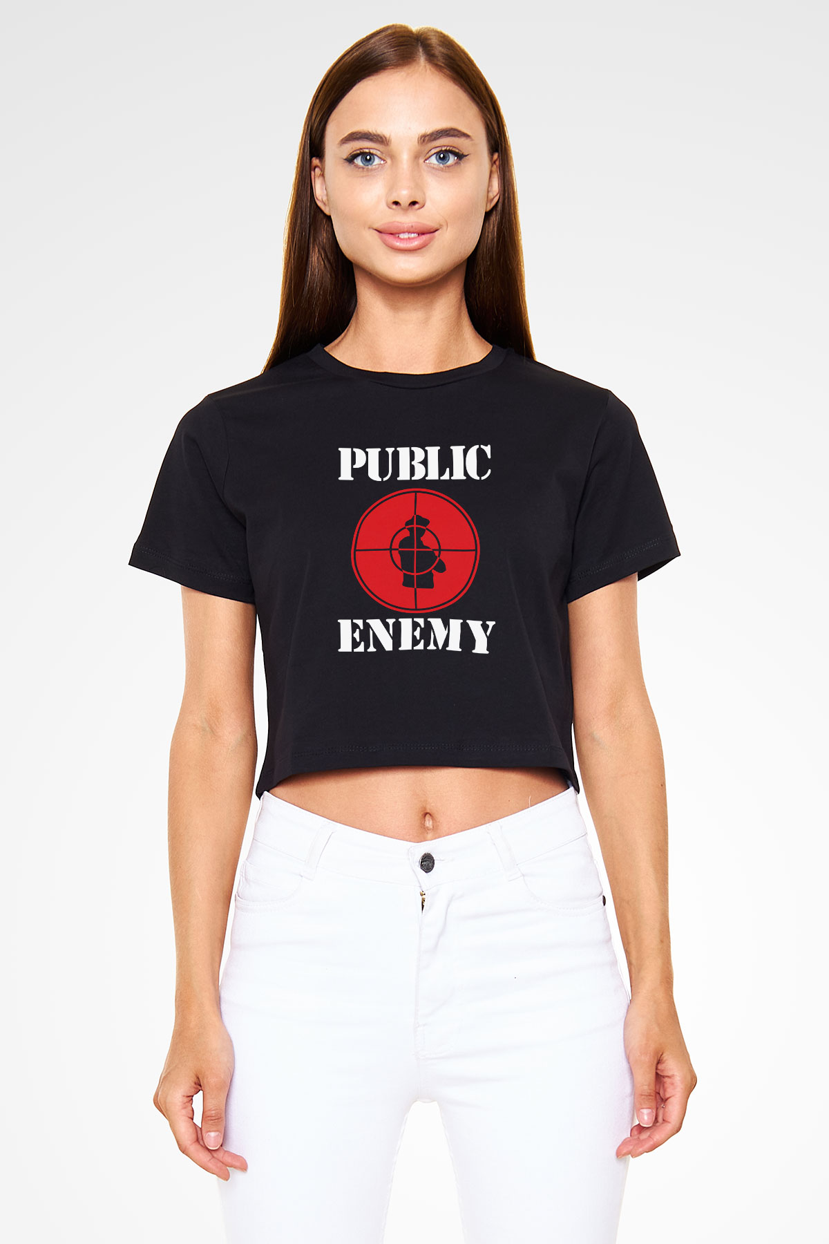 Public Enemy Siyah Crop Top Tişört