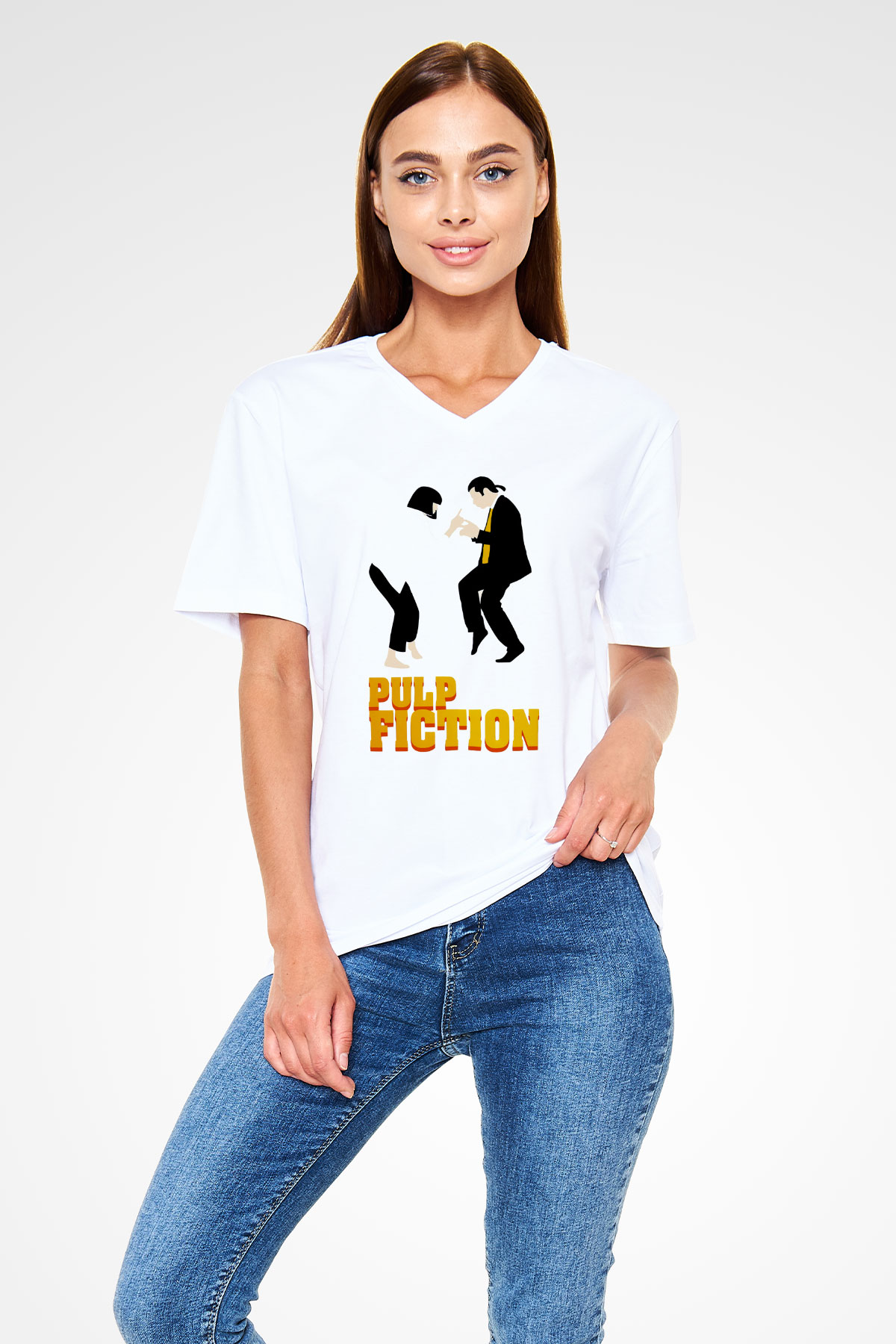 Pulp Fiction Beyaz Unisex V Yaka Tişört T-Shirt