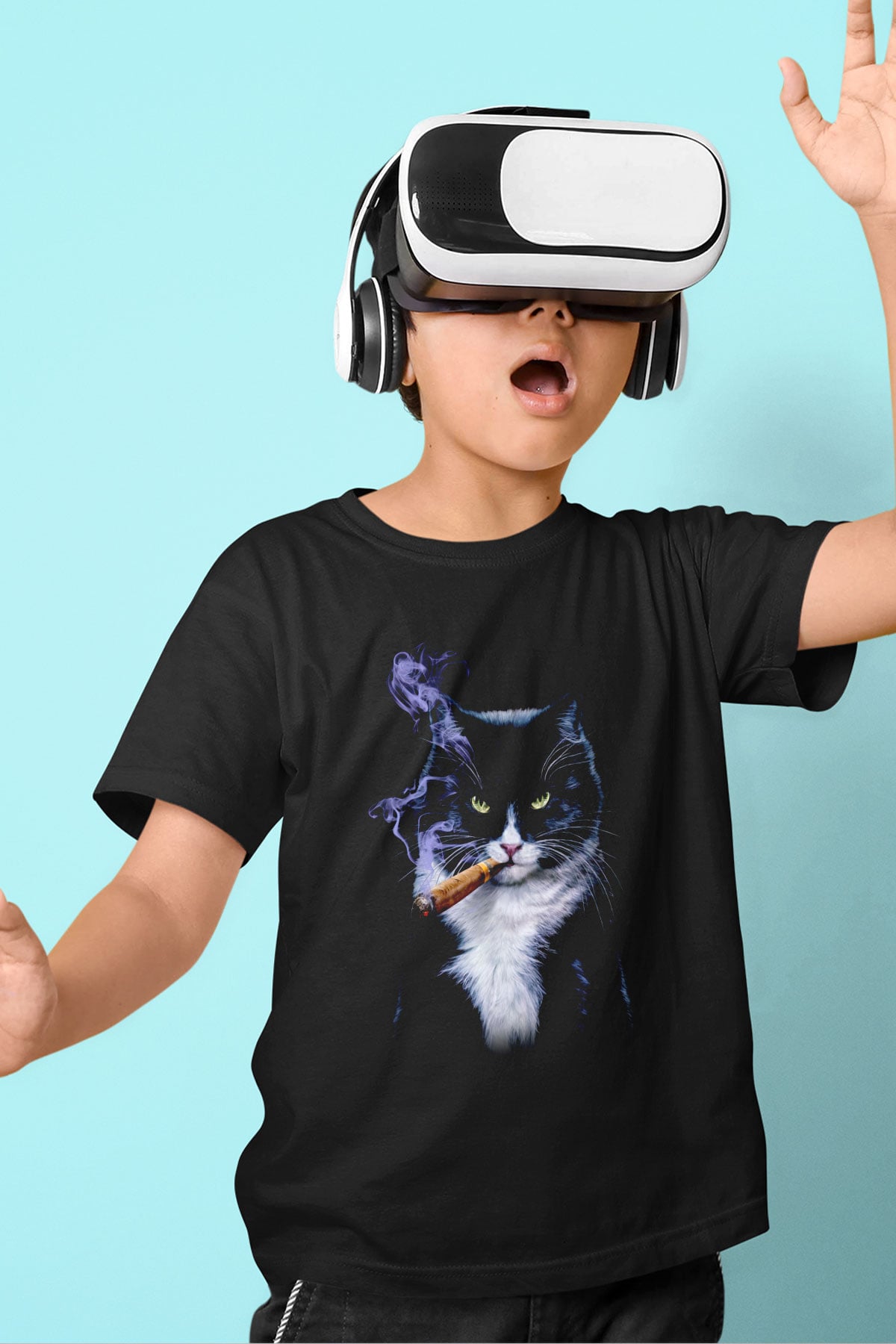 Puro İçen Karizmatik Kedi Baskılı Unisex Siyah  Çocuk Tişört