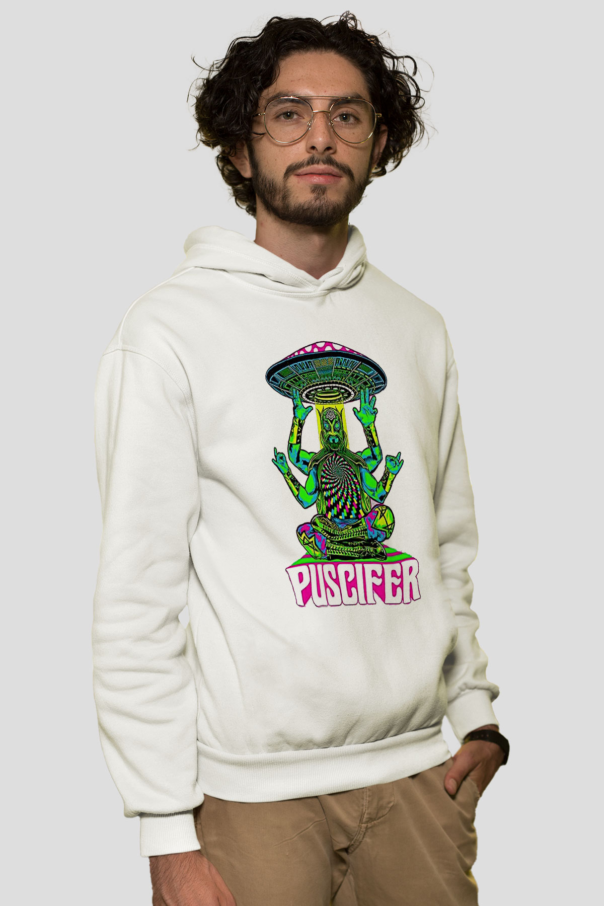 Puscifer Baskılı Beyaz Unisex Kapüşonlu Sweatshirt