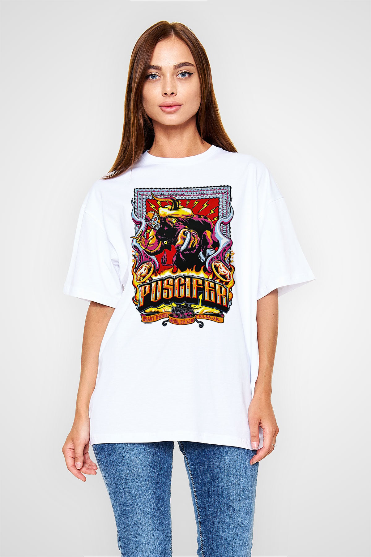 Puscifer Baskılı Beyaz Unisex Oversize Tişört - Tshirt