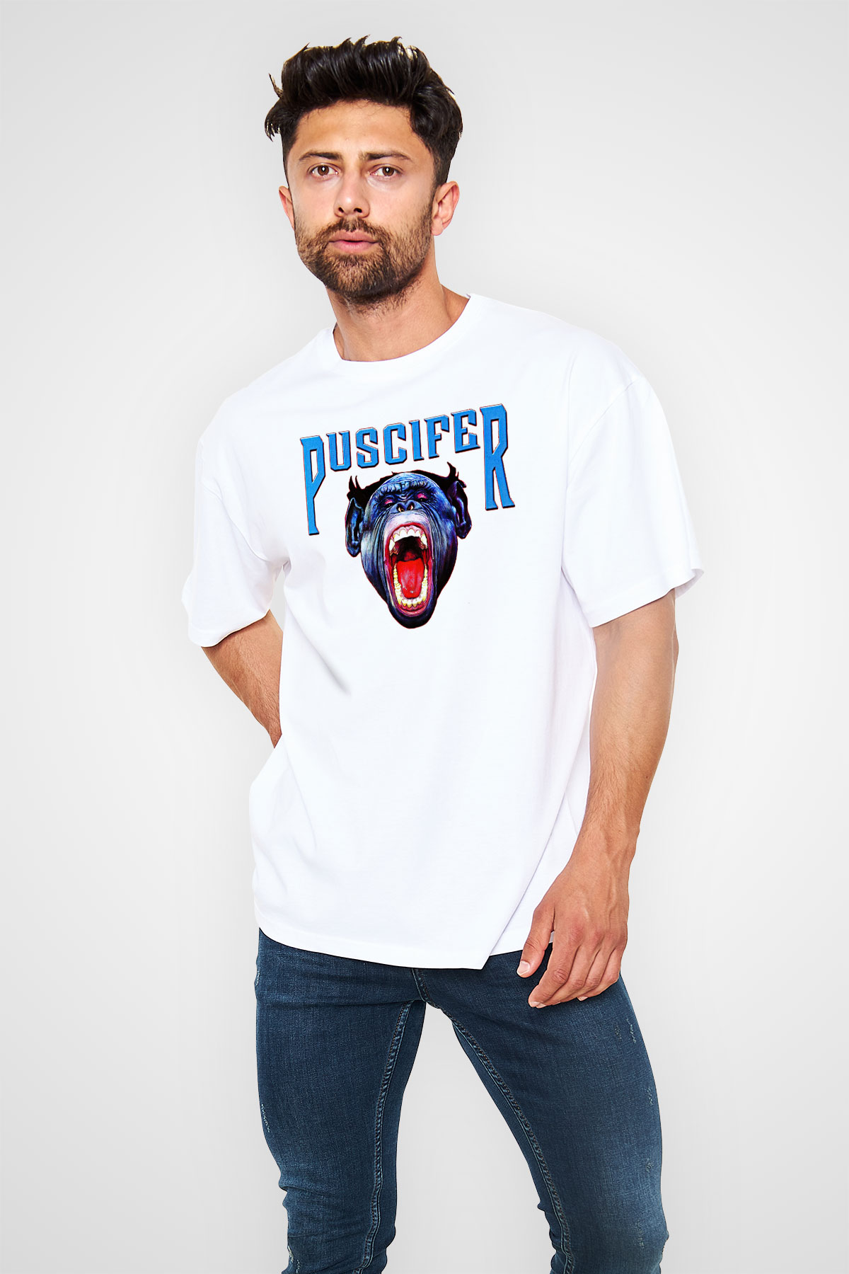 Puscifer Baskılı Beyaz Unisex Oversize Tişört - Tshirt