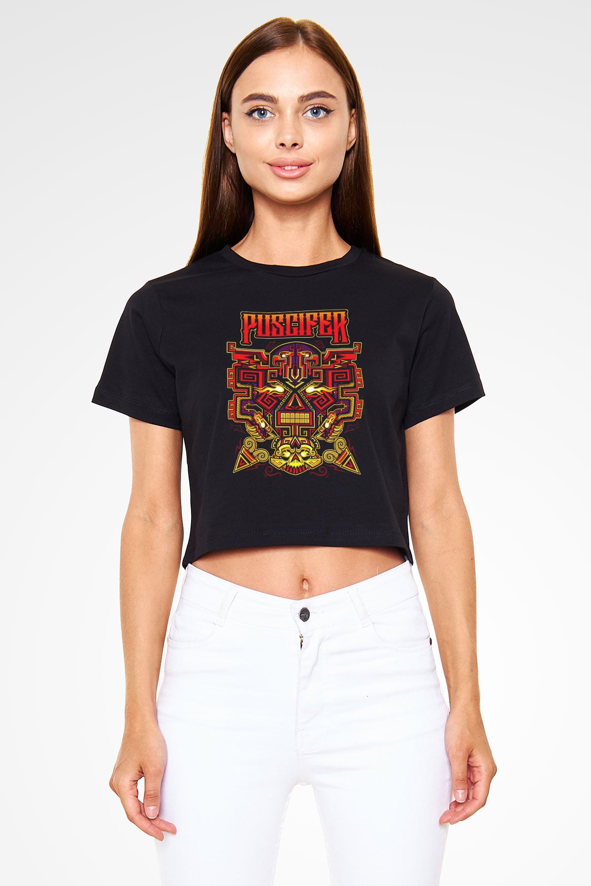 Puscifer Baskılı Siyah Crop Top Kadın Tişört - Tshirt