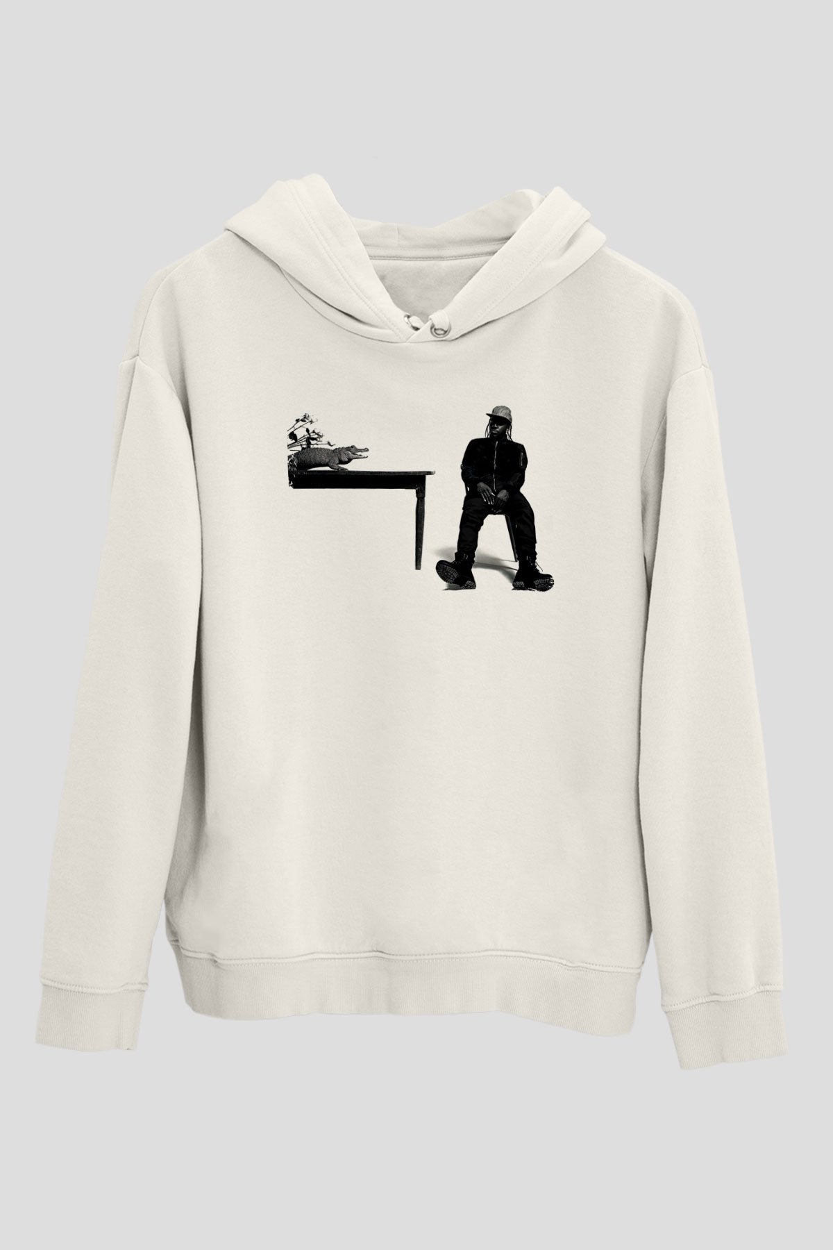 Pusha T Baskılı Beyaz Unisex Kapüşonlu Sweatshirt