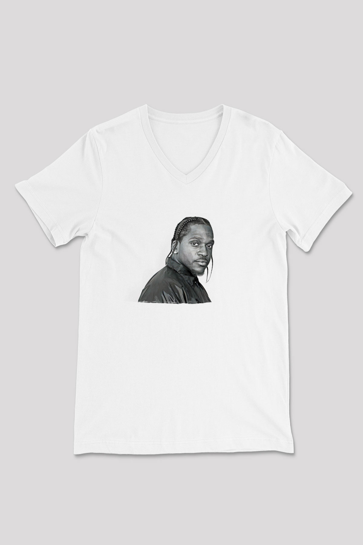 Pusha T Baskılı Beyaz Unisex V Yaka Tişört - Tshirt