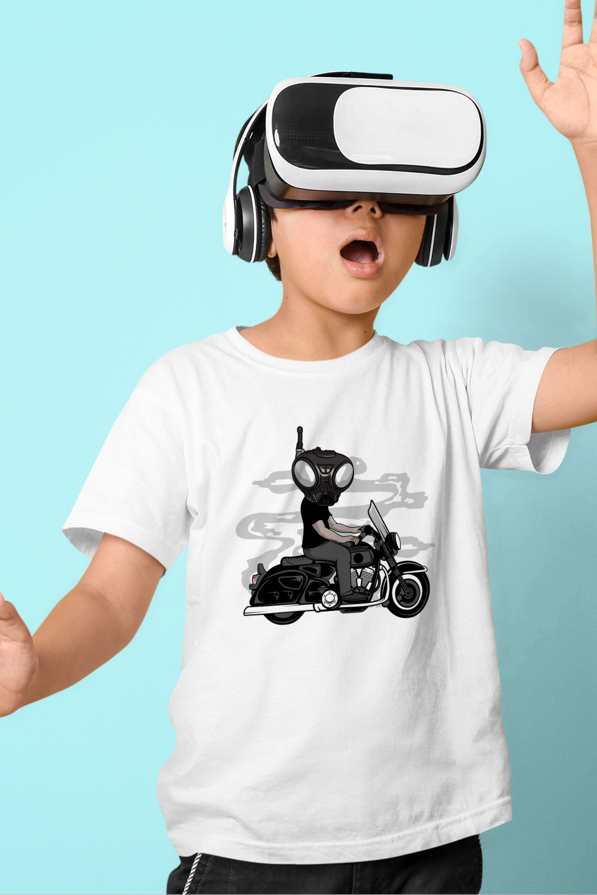 Q9-O Biker Baskılı Beyaz Unisex Çocuk Tshirt