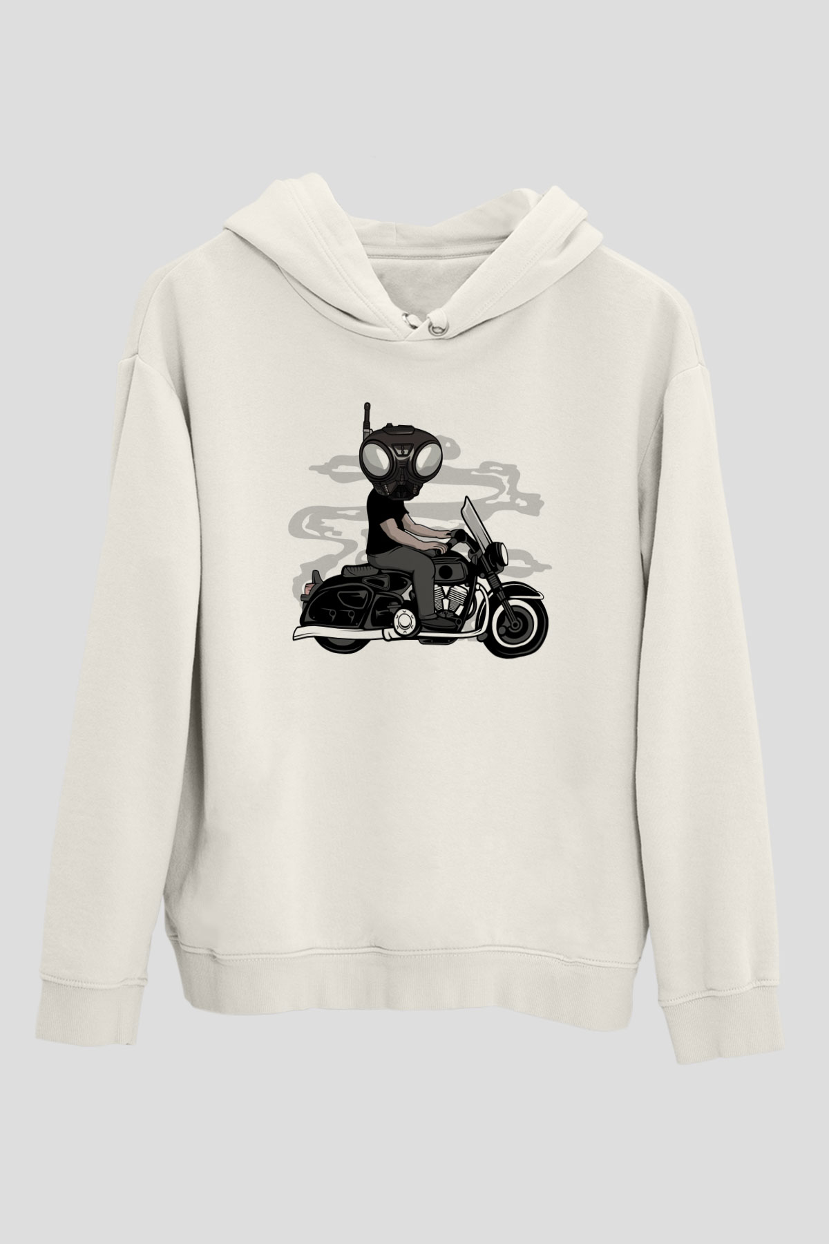 Q9-O Biker Baskılı Beyaz Unisex Hoodie