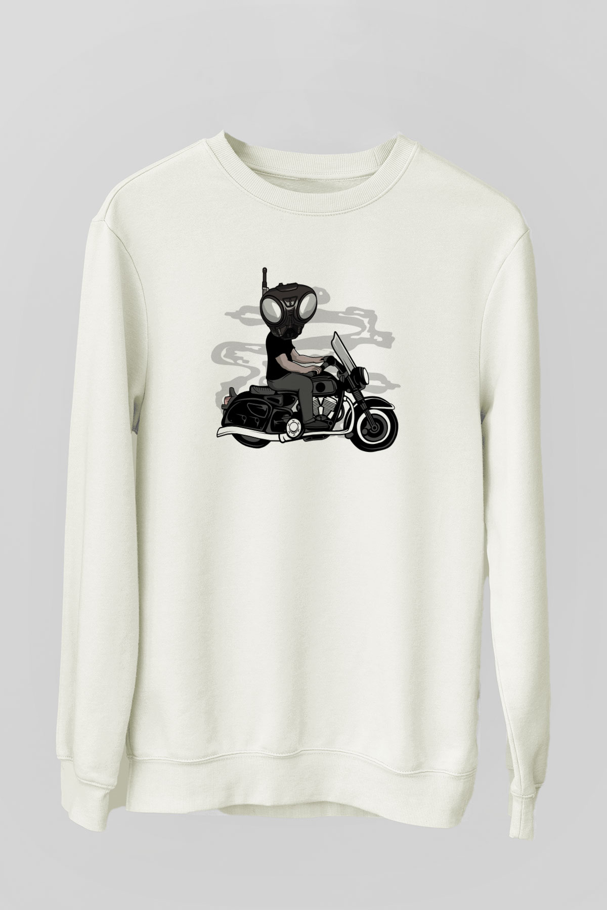 Q9-O Biker Baskılı Beyaz Unisex Sweatshirt