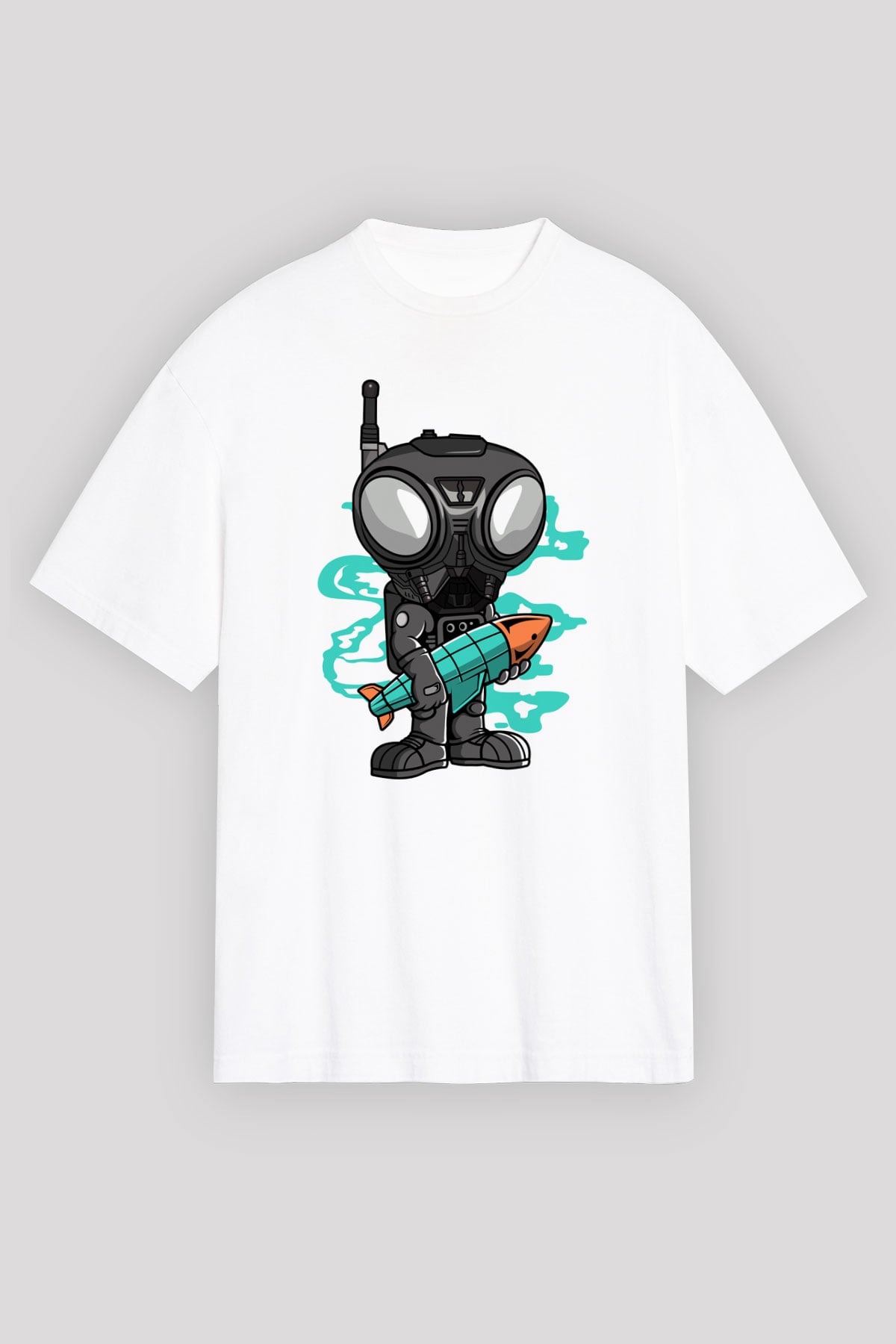 Q9-O Rocket Baskılı Beyaz Unisex Oversize Tişört