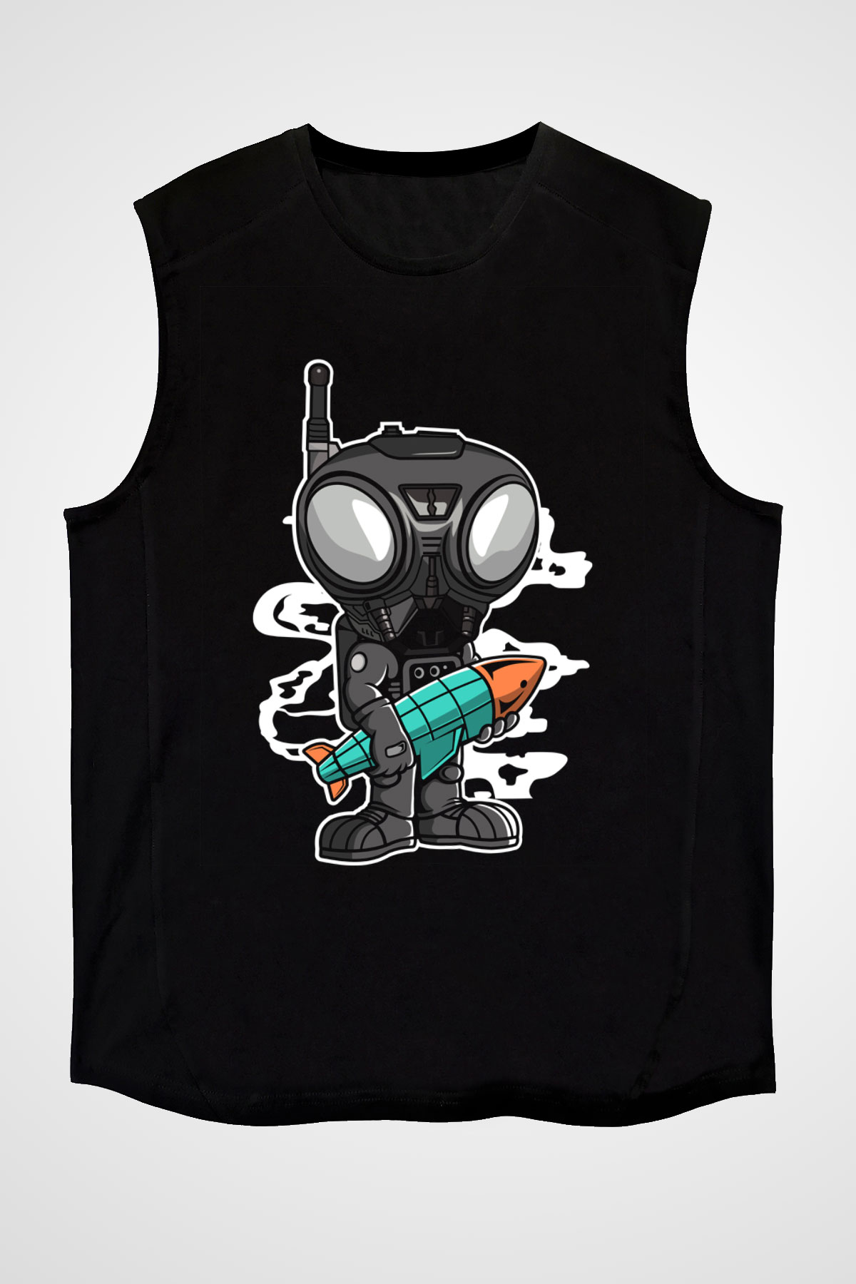 Q9-O Rocket Baskılı Siyah Unisex Kolsuz Tişört